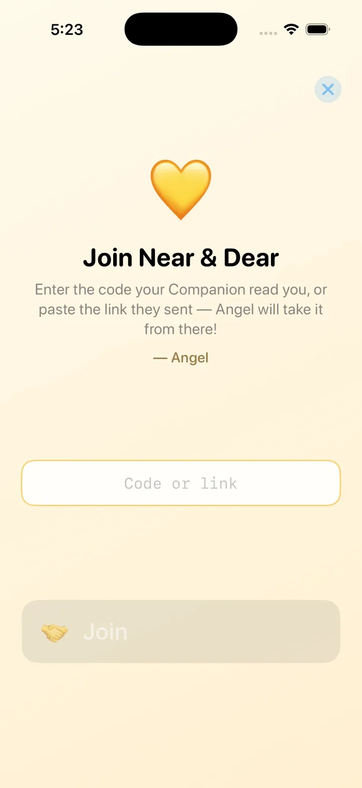 Join Near & Dear screen with a field for the invitation code or link