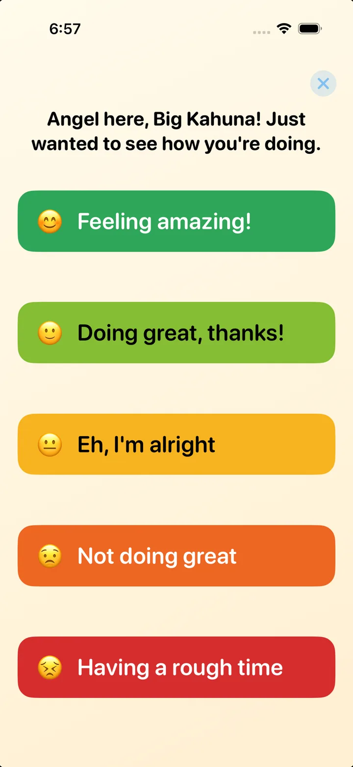 Mood check-in with five colored buttons from Feeling amazing to Having a rough time