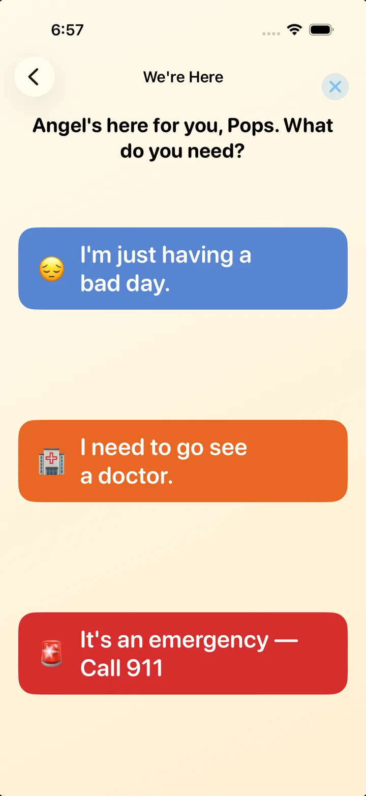Follow-up screen offering bad day, see a doctor, or call 911 options