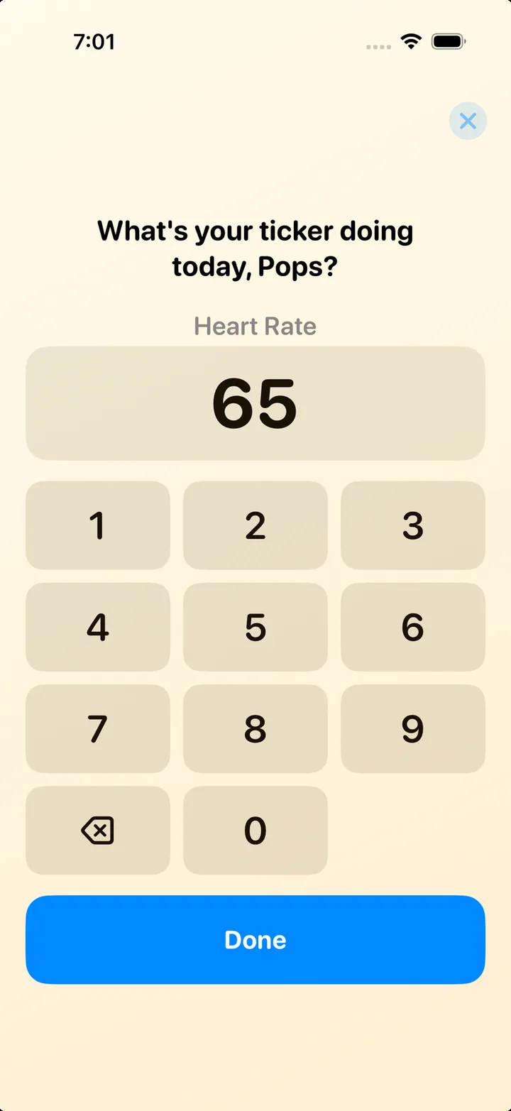 Heart rate check-in with a large keypad showing a reading of 65