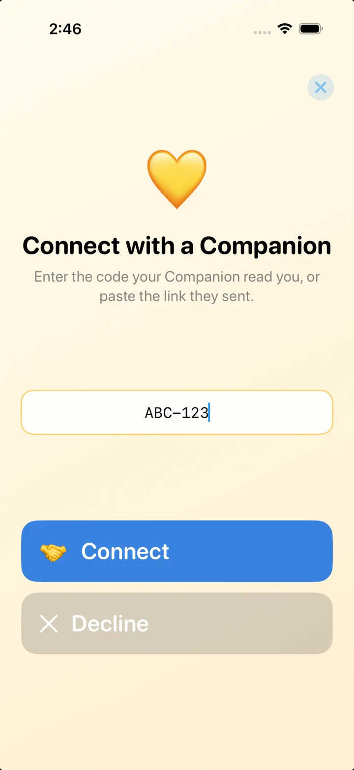 Connect with a Companion screen with a field for the invitation code and Connect or Decline buttons