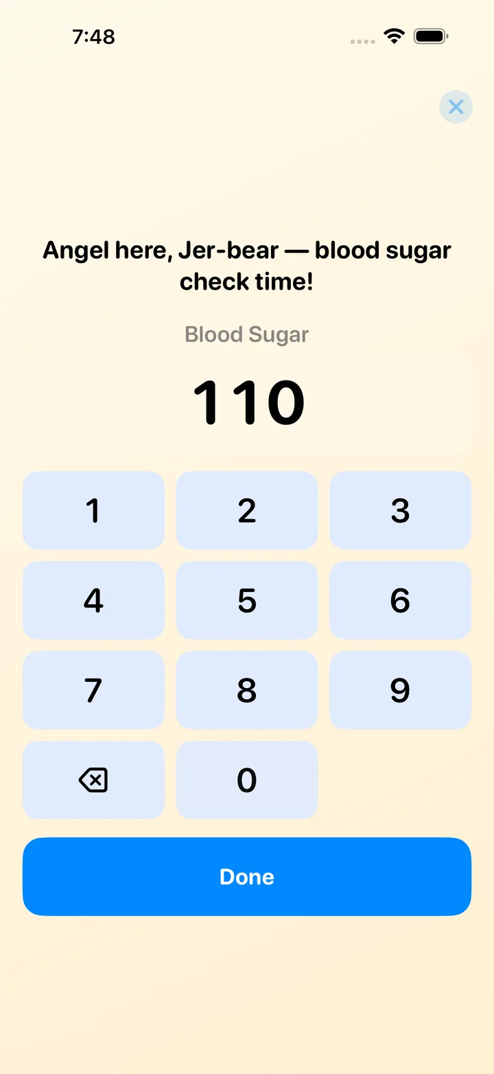 Blood sugar check-in with a large keypad showing a reading of 110